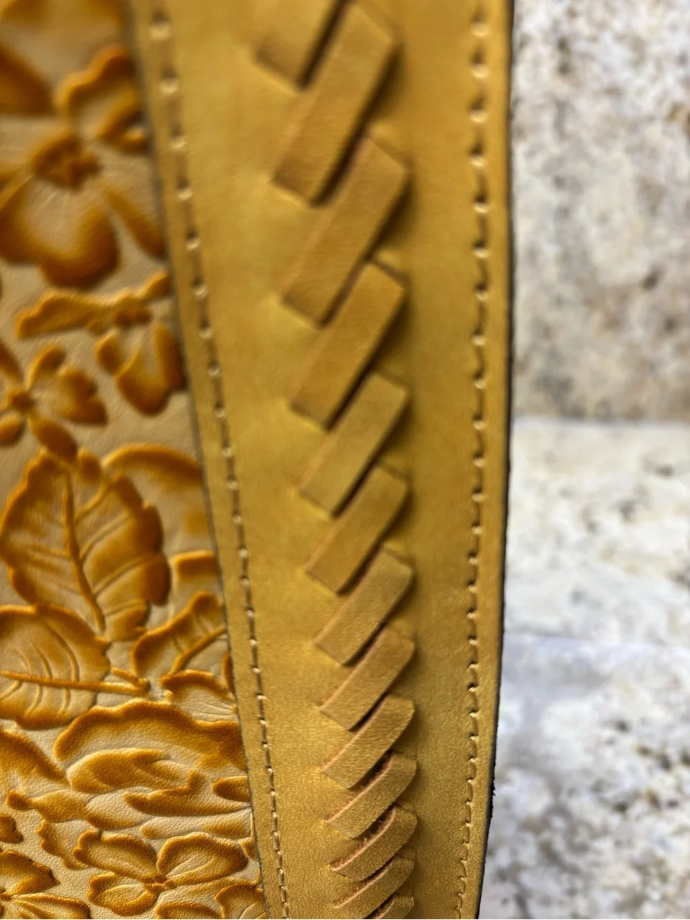 Patricia Nash Mustard Yellow Tan Floral Embossed Leather Satchel